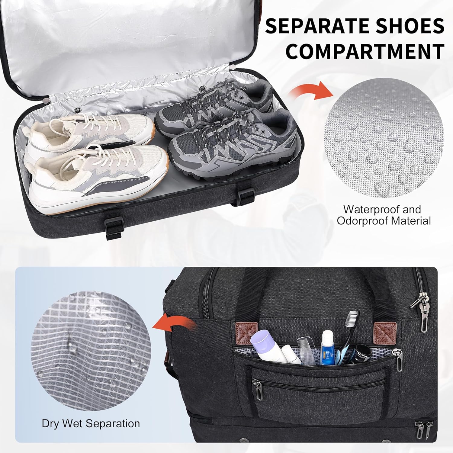 WITZMAN Duffle Bag for Men 50L Canvas Weekender Overnight Bag with Toiletry Bag Sets Travel Duffel Bag Shoes Compartment(A8010-2 Black) - Image 4