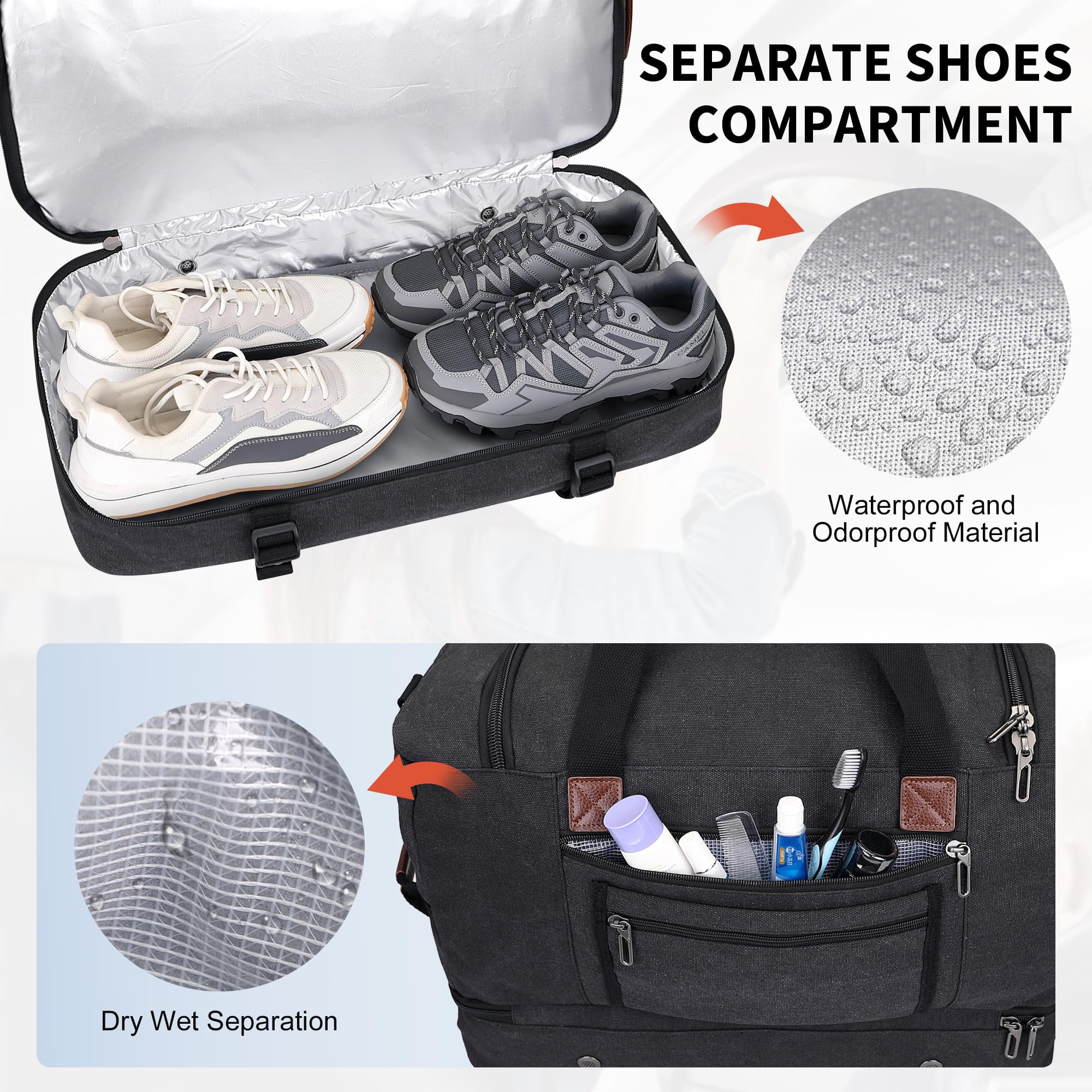 WITZMAN Reisetasche Herren 50L Canvas Wochenendtasche mit Kulturbeutel-Sets | Mit Schuhfach und Nass-Trennfach, Konvertierbar, Handgepäck Flugzeug, Eine für Reisen, Weekender, Sport, A8010/2 Schwarz