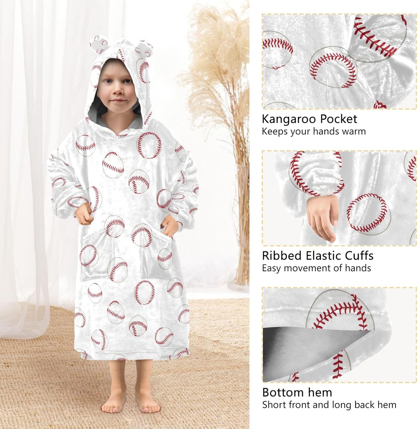 Baseball Kids Wearable Blanket Hoodie with Pocket and Sleeves for Toddlers, Cute Hoodies Girls Boys B0403937