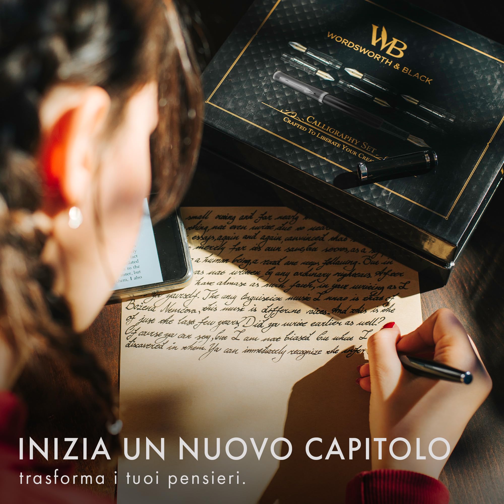 Wordsworth & Black Set Regalo Penna di Calligrafia, Include Bottiglia di Inchiostro, 6 Cartucce d'Inchiostro, Convertitore di Ricarica d'Inchiostro 6 Punte di Ricambio, Pacchetto Premium[Argento Oro]