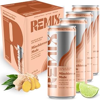 Remix Non-Alcoholic Drinks & Mocktails - Alcohol Replacement Beverage with All-Natural Flavors, Real Juice & Electrolytes - Low Sugar & Calorie Non-Alcoholic Spirits (4 Pack, Mischievous Mule)