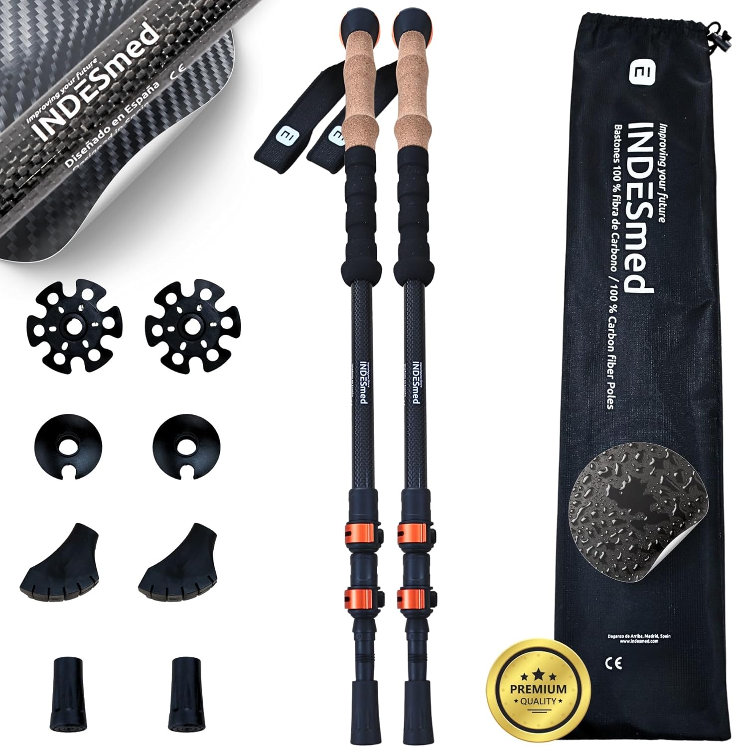 INDESmed | 100% Carbon Fiber Trekking Poles (2 Units) | Ultra Strong Hiking Poles Collapsible & Lightweight | Conquer Any Terrain: Mud, Rock, Asphalt Roads, or Snowy Grounds - Cork Grips