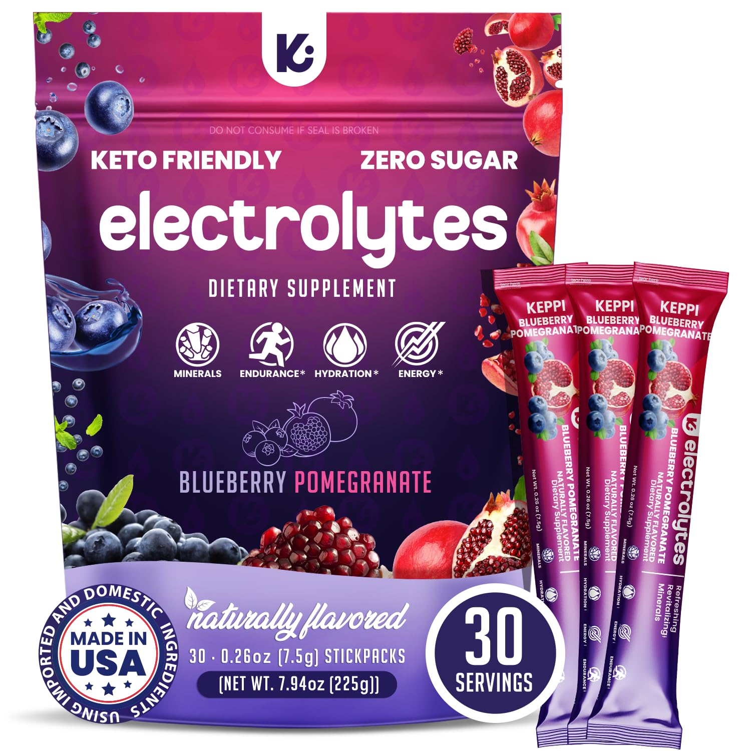 Keppi Electrolytes Powder Packets – Blueberry Pomegranate 30 Servings – No Sugar Hydration Supplement with Potassium, Magnesium, Sodium – Keto, Vegan, Fasting-Friendly, Zero Calorie Hydration Packets