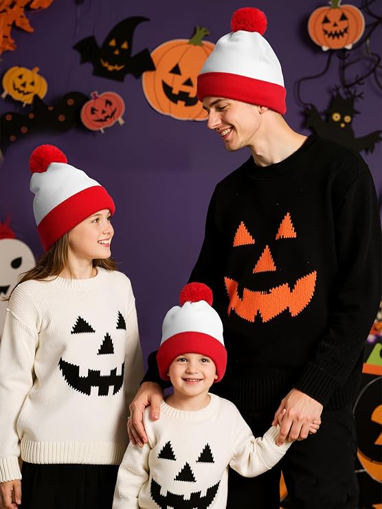 Red and White Stirped Hat Halloween Costume Pom Beanie Hats for Men Women