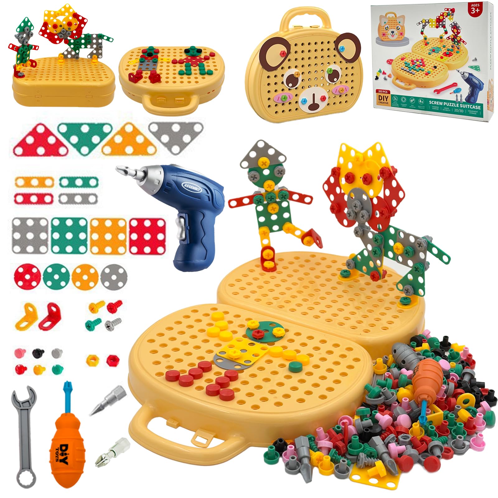 204 PCS 3D Take Apart Toys - Montessori Play Toolbox, Montessori Toys for Kids, Tool Box Bear with Drill, Mosaic Design Construction Building Blocks DIY Set with Storage Box (Yellow Dog)
