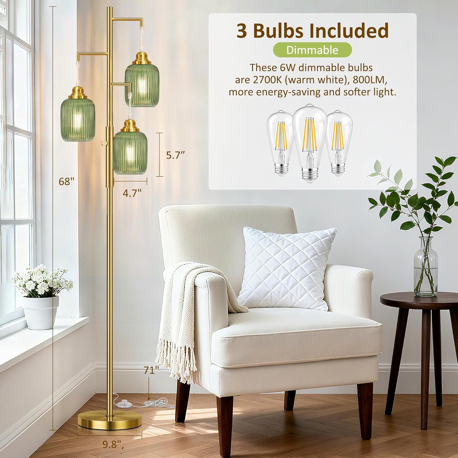 ROTTOGOON Dimmable Gold Floor Lamp for Living Room- 3 Light Green Glass Floor Lamps, Vintage Brass Tree Floor Lamps with 3X 6W LED Bulbs, Modern Standing Tall Lamp for Bedroom, 68", Gold & Green Glass