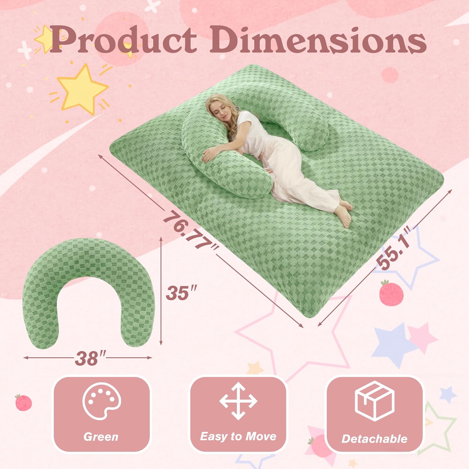 HABUTWAY 3 in 1 Bean Bag Chair with Portable U-Shaped Pillow, Giant Bean Bag with Washable Cover, Convertible Sofa Bed (Green)