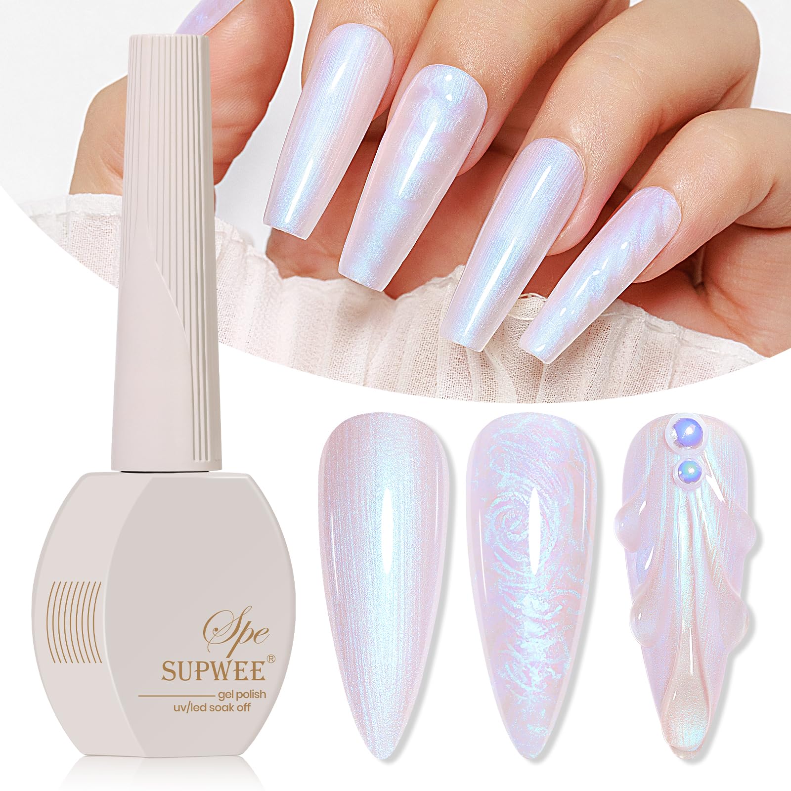Pearl Gel Nail Polish, 15ml Pearlescent Nail Gel Polish Shimmer Mermaid Nail Polish for Nails Shell Swirl Thread Effect Soak Off UV Gel Summer Colors