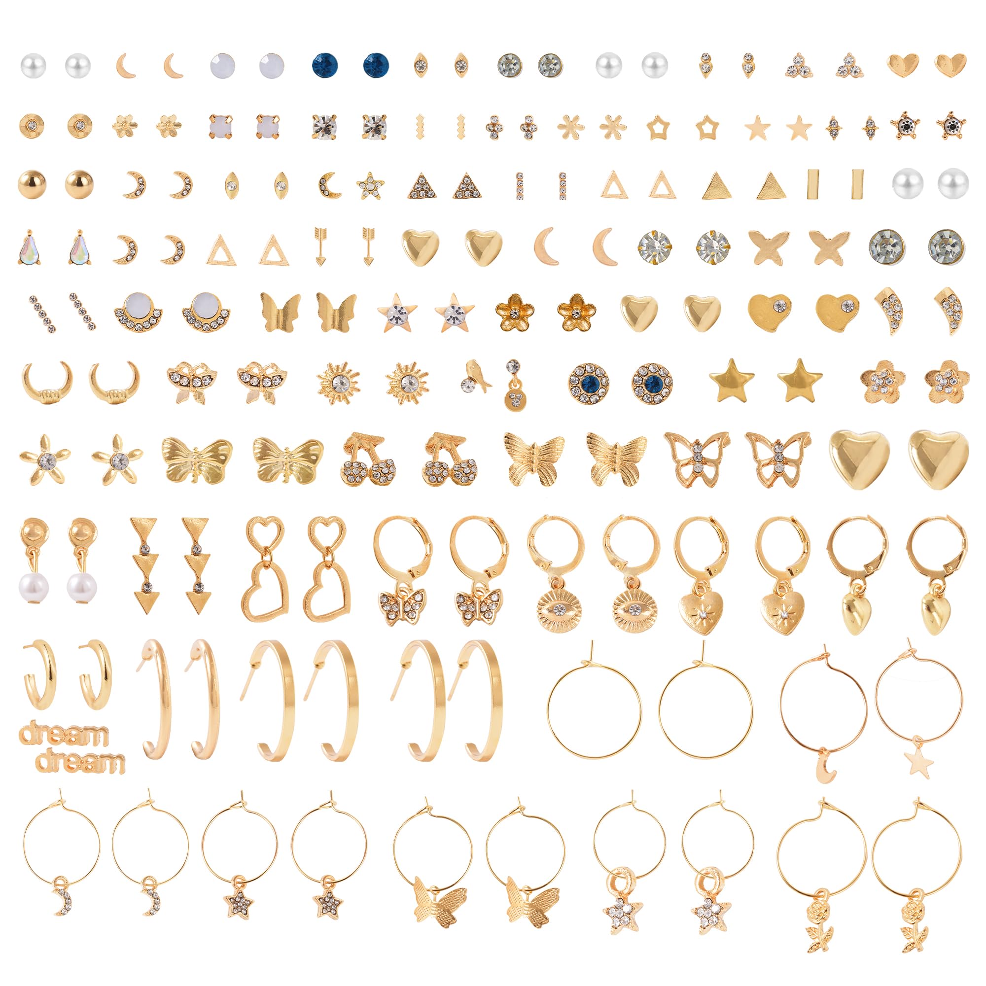 Sherolady80 Pairs Dainty Earrings for Women Hypoallergenic Assorted Multiple Stud Earrings Set Cute Moon Star Heart Ball Butterfly CZ Studs Jewelry