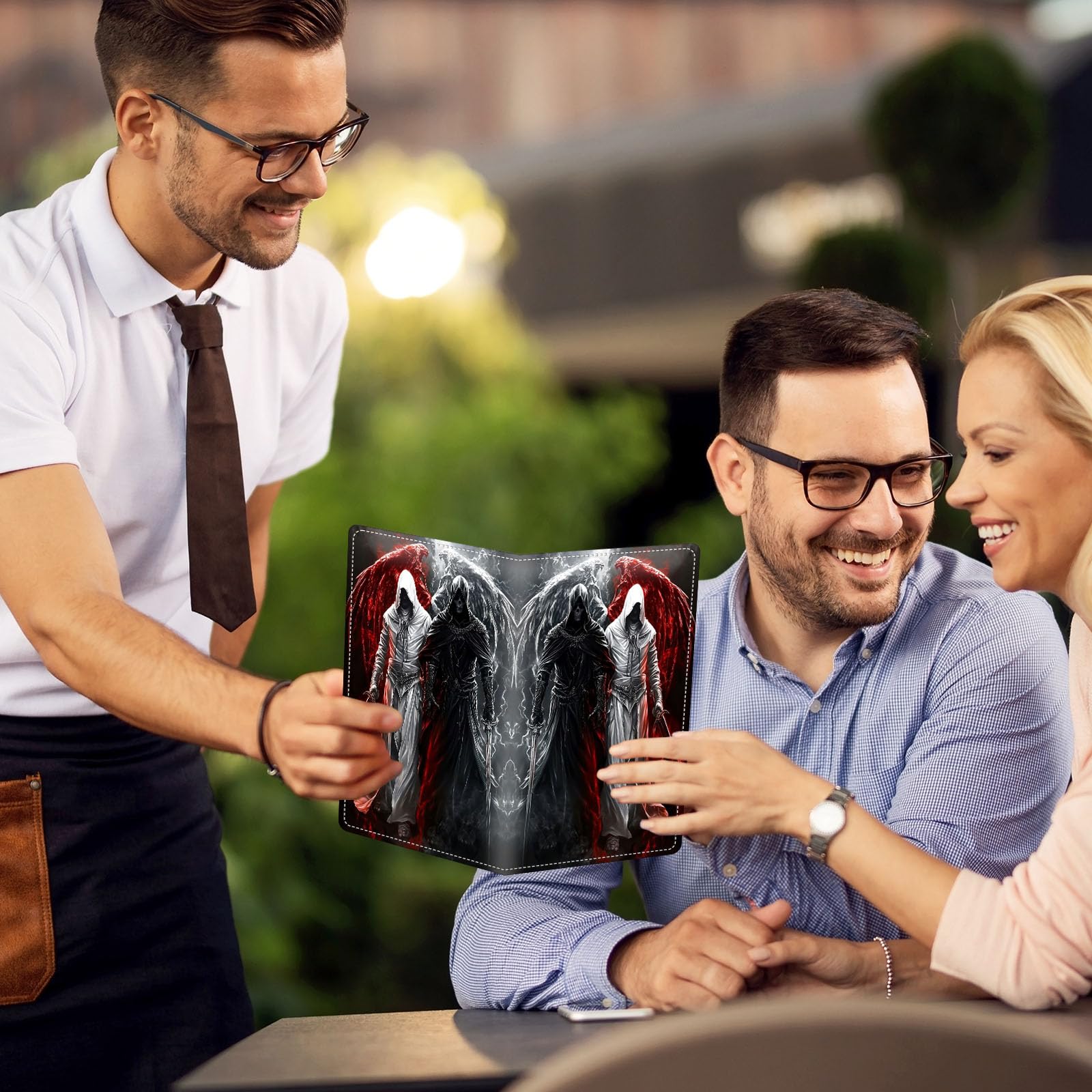 KUJKBFWJ Server Books for Waitress - Cute Server Guest Book with Zipper Pocket & Note Pad Holder | PU Leather Waiter Book Organizer, Apron-Compatible Server Wallet, Grim Reapers