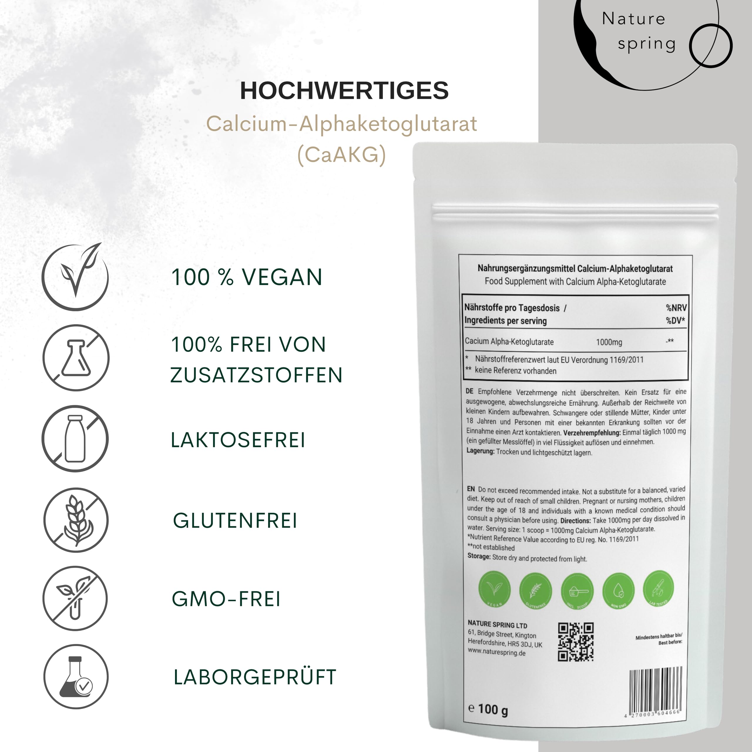 CaAKG | Calcium-Alphaketoglutarat | 100g +3,3 Monate | hochdosiert | 1000 mg | CaAKG in bester Qualität ohne Zusatzstoffe | Laborgeprüft in Deutschland