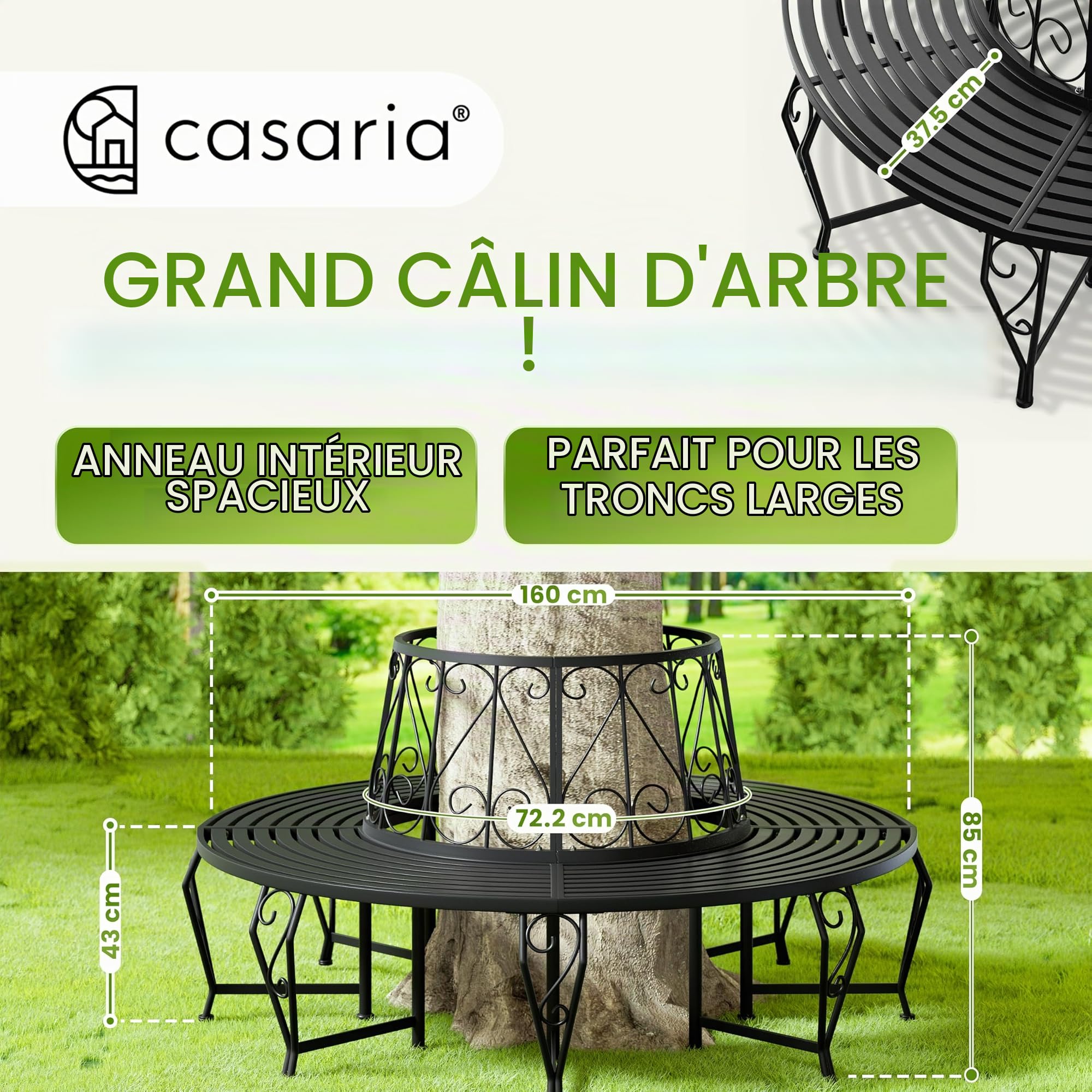 Casaria® Banc de Jardin Rond Noir Ø160 cm Acier