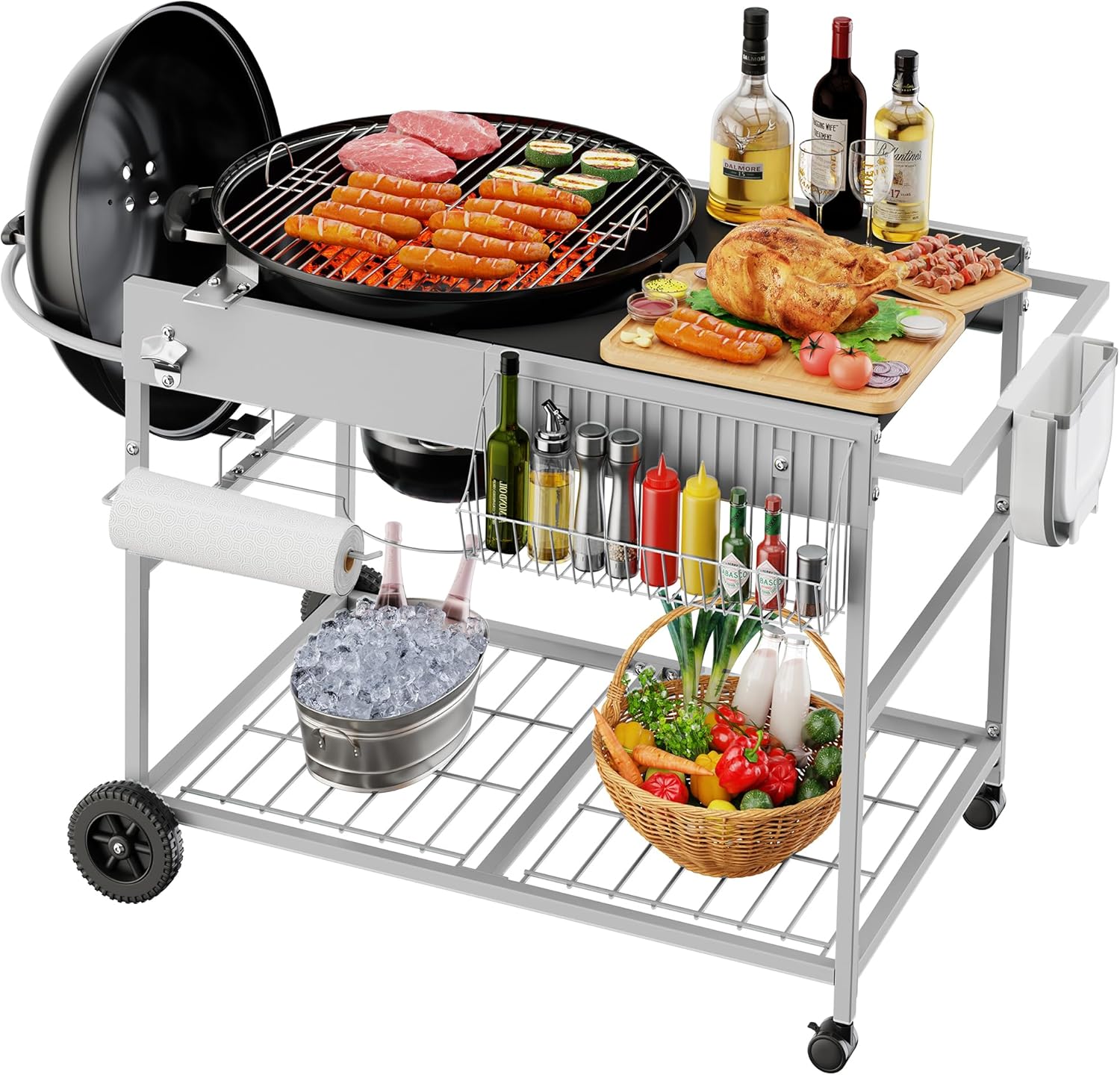 JY QAQA Grill Table for Weber 22" & 18" Original Kettle, Stand Cart for Jumbo Joe, Master-Touch, Performer Charcoal Grills with Sliding Lid Rack, Spacious Surface, Lockable Wheels for Outside