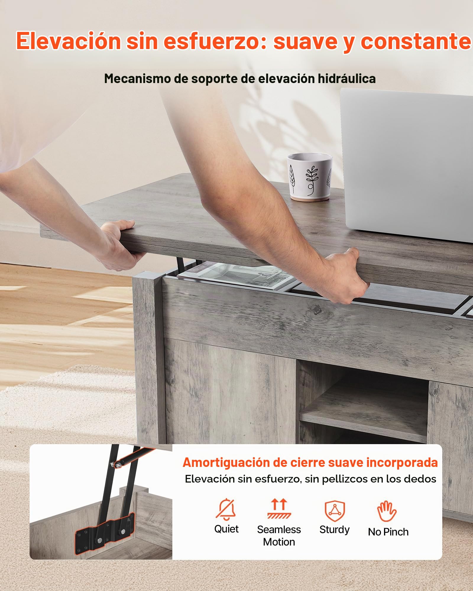 VEVOR Mesa de Centro Elevable 100 cm, Mesa de Café con Puerta Estilo Granero y Compartimento de Almacenamiento Oculto, Mesita de Salón o Comedor de Madera para Salón, Oficina, Hogar, Roble Rústico