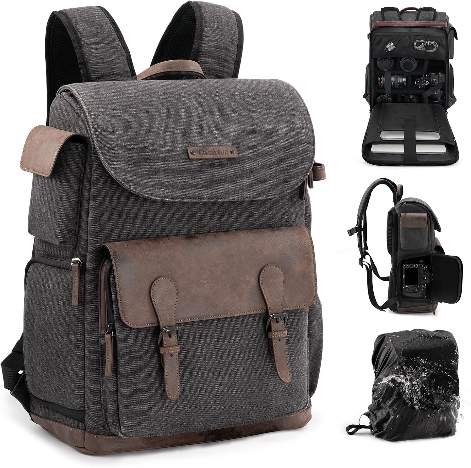 Cwatcun Camera Backpack, DSLR/SLR Camera Bags for Photographers with Waterproof Rain Cover, Camera Case with 16 Inch Laptop Compartment & Tripod Holder Compatible with Canon/Nikon/Sony/Fuji -Medium Black Medium