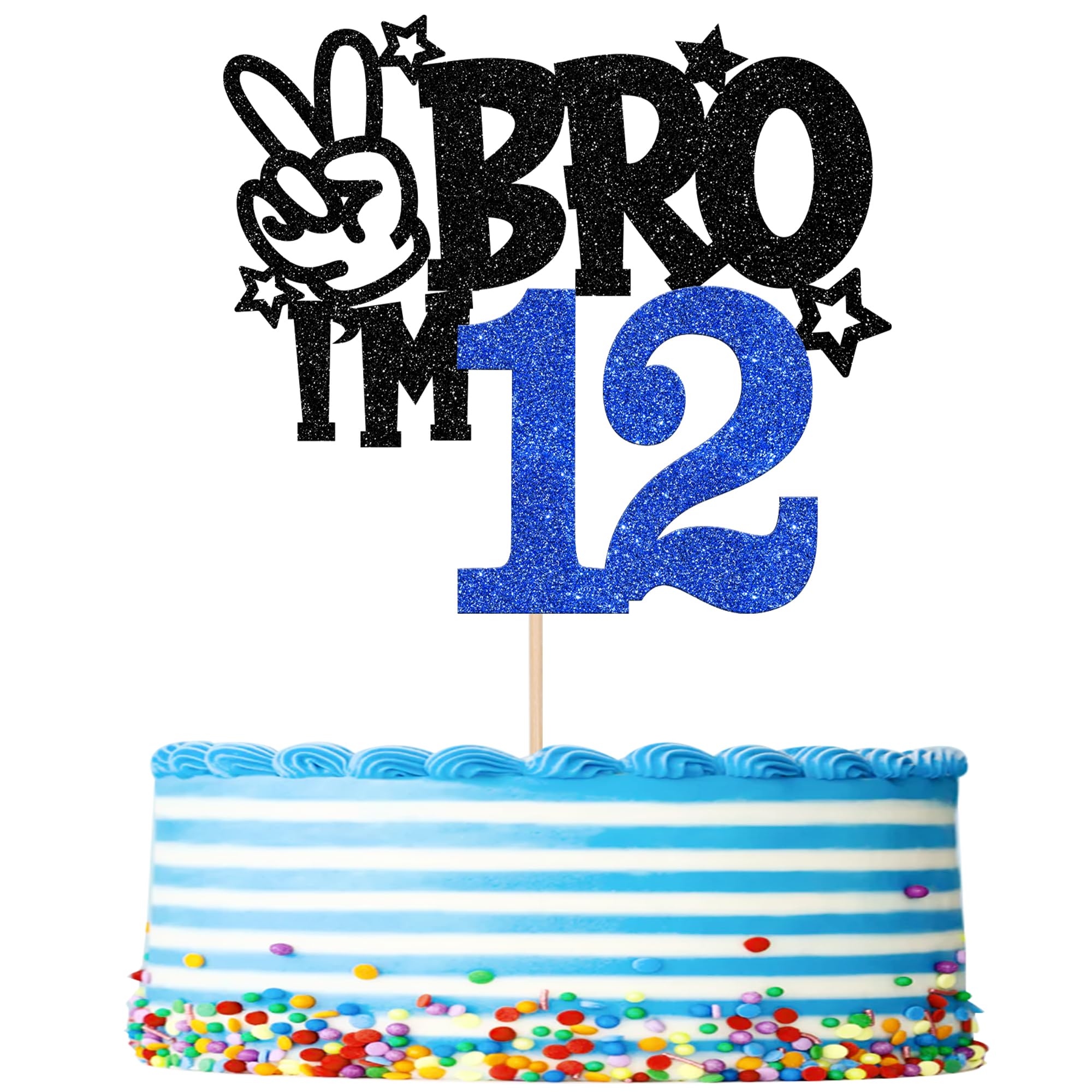 1 Stück BRO I'm 12 Tortendeko Glitzer Happy 12th Geburtstag Kuchen Deko Bro I'm 12 Cake Topper für Prost auf 12 Jahre Kinder 12th Geburtstag Party Kuchen Dekoration Schwarz Blau