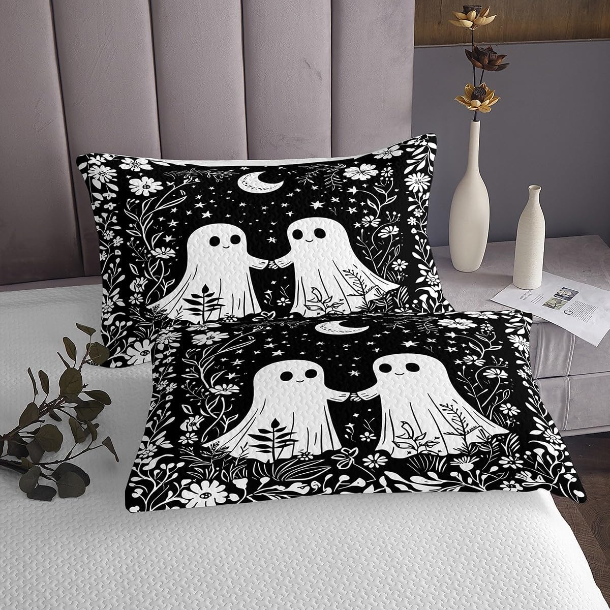 Erosebridal White Cartoon Ghost Quilt Set Queen Halloween Theme Ghost Bedspread Boho Floral Plants Coverlet Set for Kids Adults,Galaxy Starry Black Bedding Quilted