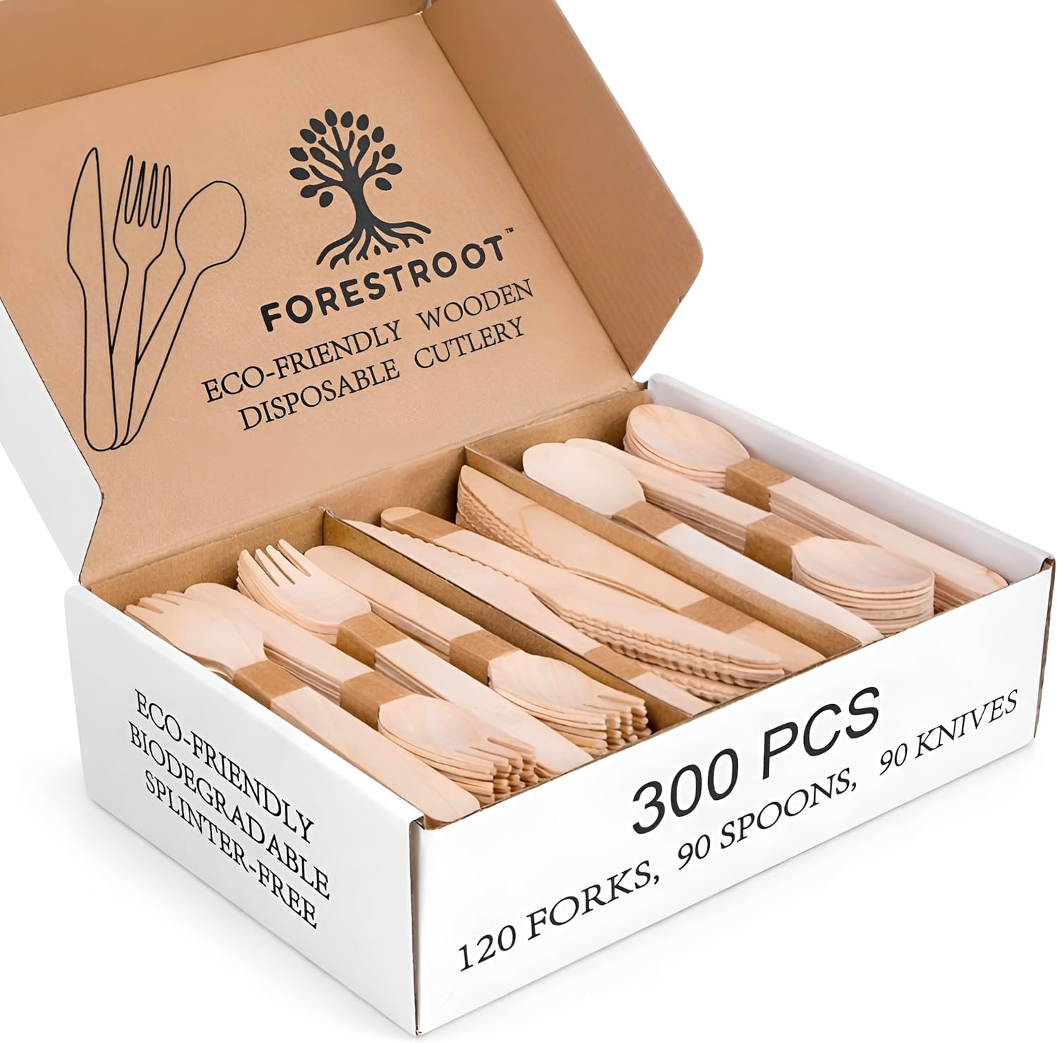 Wooden Cutlery Set, 300 Pcs (120 Forks, 90 Spoons, 90 Knives) Eco-Friendly Disposable Wooden Utensils, Plastic-Free Compostable Party Cutlery, Sturdy & Smooth for Events, Picnics & Catering