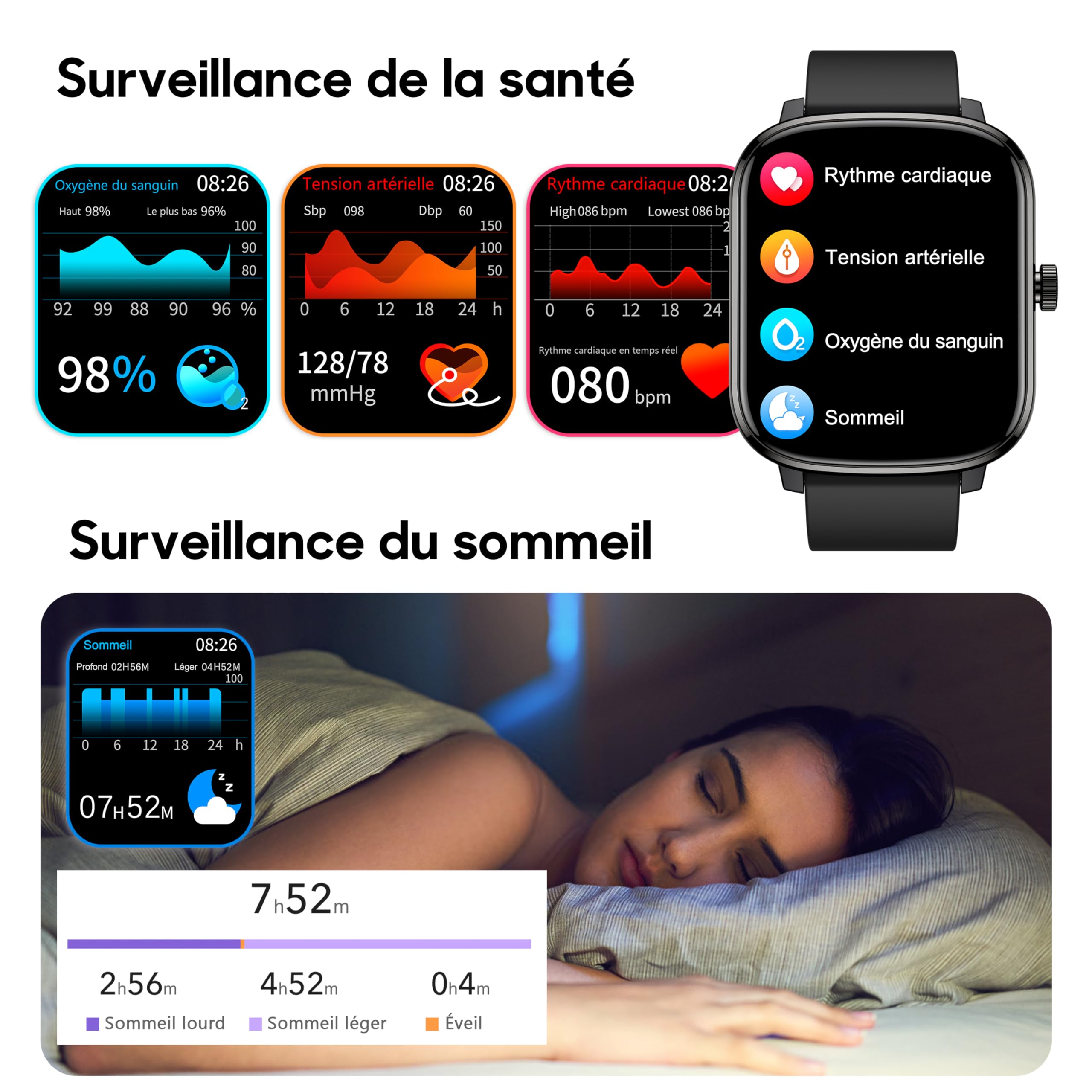 KALINCO Montre Connectée Femme Homme Enfant, 1,69" Smartwatch 100+ Modes Sportifs Podometre Moniteur de Fréquence Cardiaque Tension artérielle SpO2 Montre Intelligente Bracelet pour Android iOS