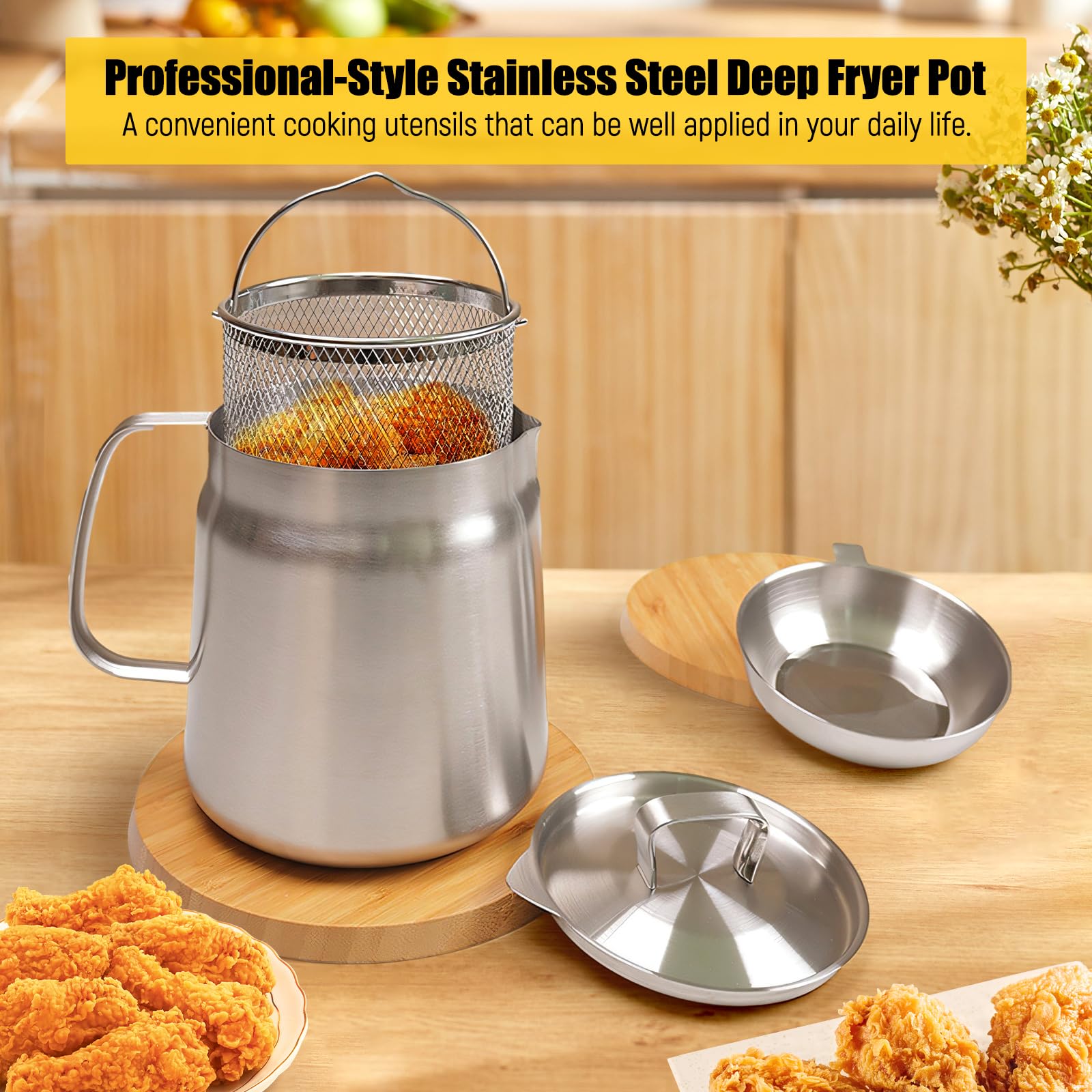 Fenteer Stainless Steel Deep Fryer Pot Frying Basket Nonstick French Fries Pot Small Deep Fryer Pot for Onion Rings Restaurant Picnic, Style A 2L