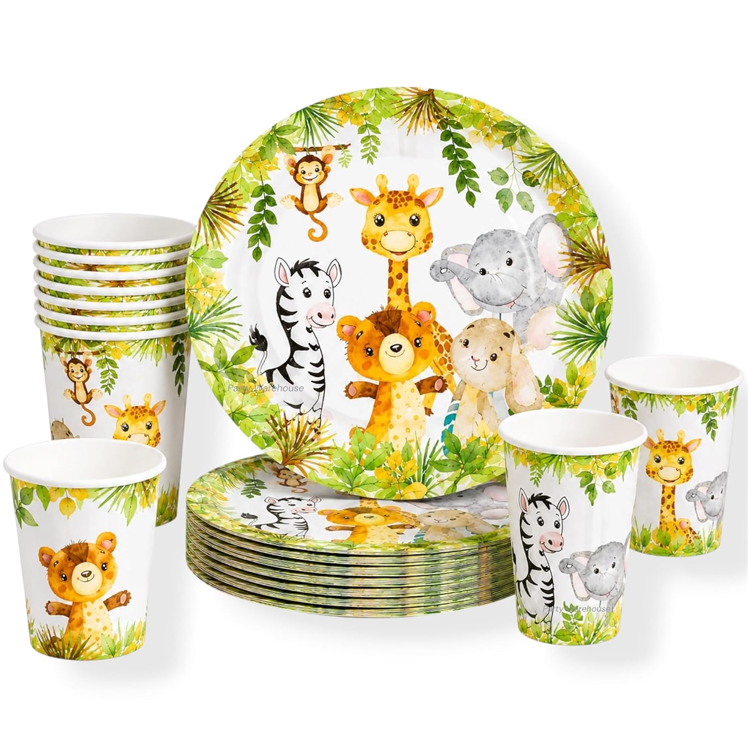 Party Warehouse Jungle Safari Animal Theme Party Supplies for Kids Party|10 Paper Plates(9 Inch) & 10 Paper Cups (250ml)|J...