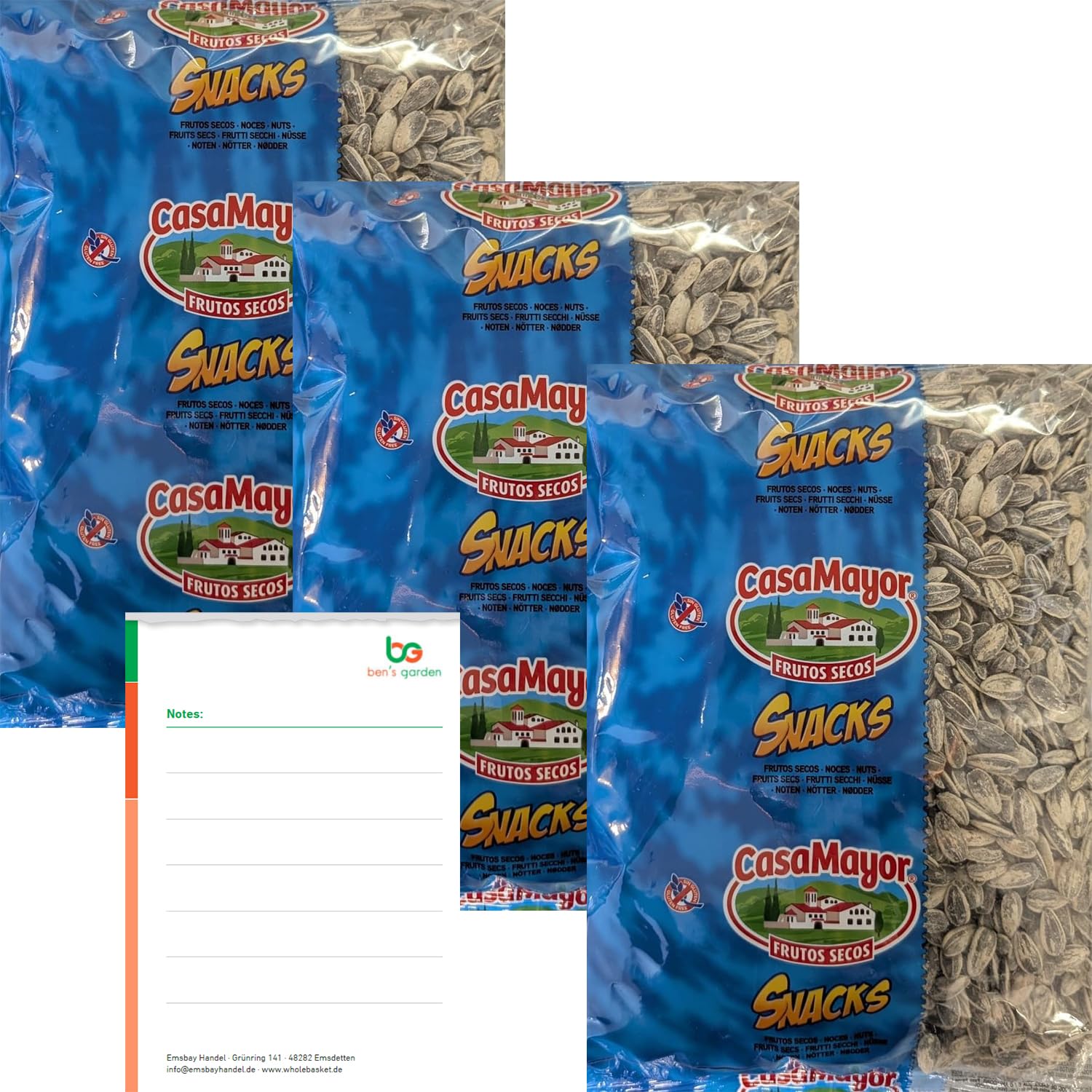 Geröstete Sonnenblumenkerne Gesalzen (Casa Mayor) 3x 800g + Ben's Garden Notizblock Set