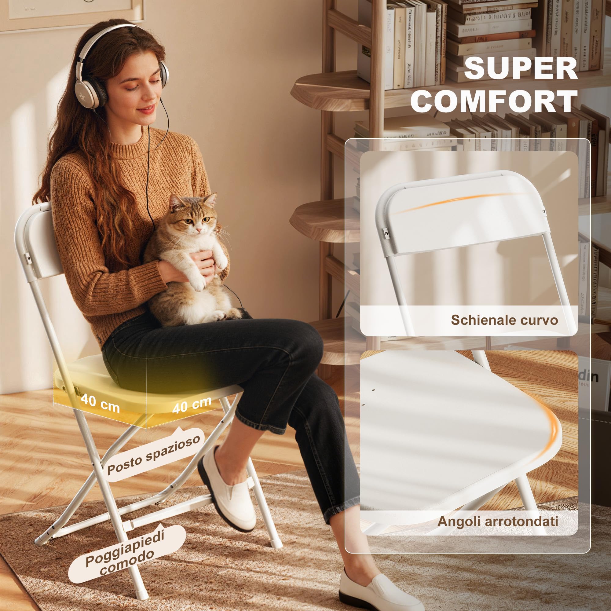 HOMCOM Set di 4 Sedie Pieghevoli in PP con Fori di Drenaggio, Sedie Richiudibili Salvaspazio Portatili in Acciaio, Sedia Pieghevole da Interno per Casa, Ufficio, Cucina, Eventi, 45x49x79.5 cm, Bianco