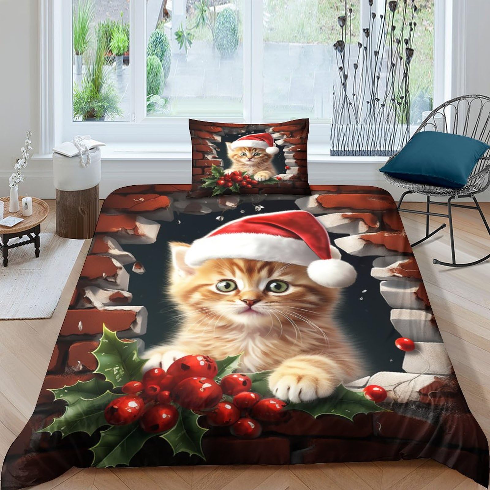 Housse de couette Chat de Noël 3D : cadeau idéal pour lit enfant et adulte