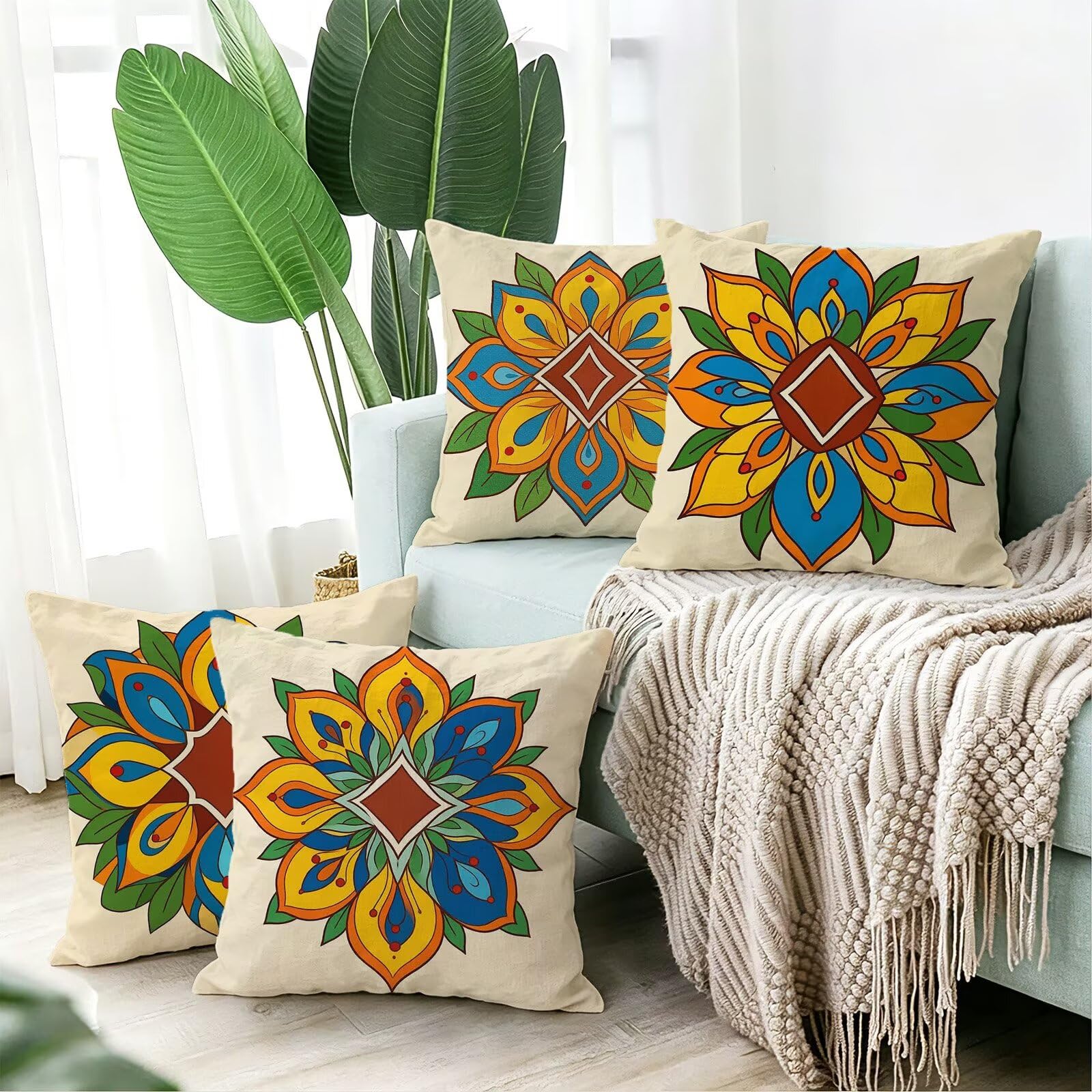 Giallo Federe Cuscini Divano 50x50cm, Cuscini da Esterno Set de 4, Cod-118 | Lin Copricuscini Decorativi Letto Arredo, per Letto, Soggiorno, Giardino, Esterno, Casa Decorazione Set di 4 Retro