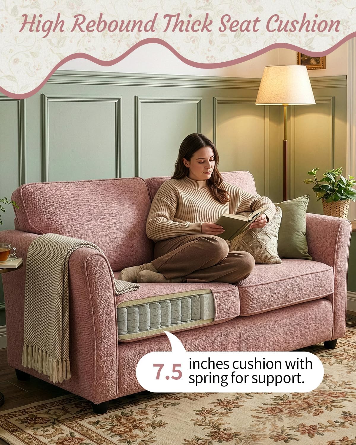 Karl home 67" Loveseat Sofa Chenille Fabric with Removable Covers, Outward Arms, Spring Cushion & Solid Wood Frame, Deep Seat Couch for Small Apartment, Living Room, Reading Nook, Bedroom, Pink