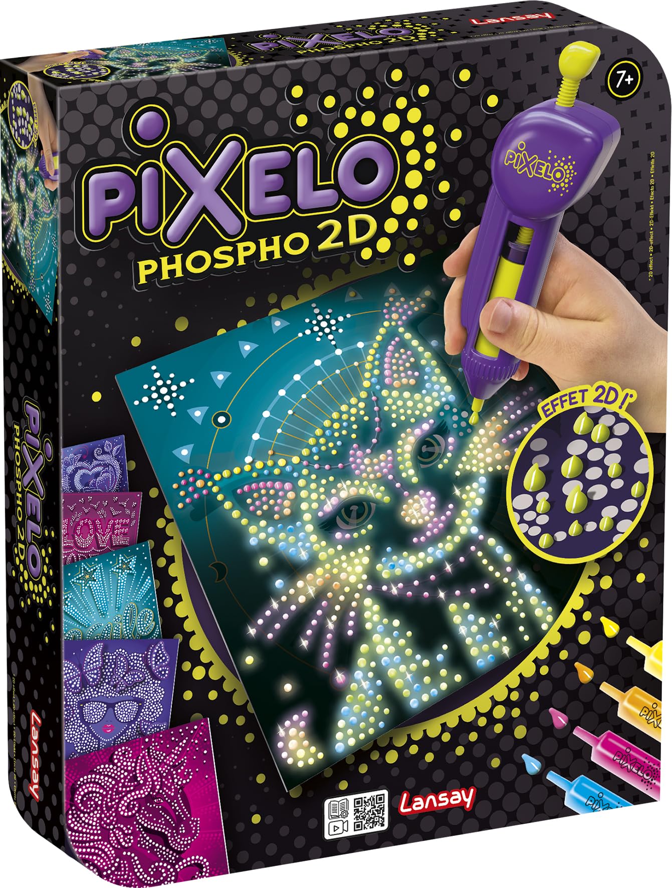 Lansay - PIXELO - Phospho 2D - Kit Dessins phosphorescents aux Effets Pointillés pour Enfants dès 7 ans - Coloriage en Pointillés avec Stylo Électronique pour Enfants dès 7 Ans - 8 Dessins