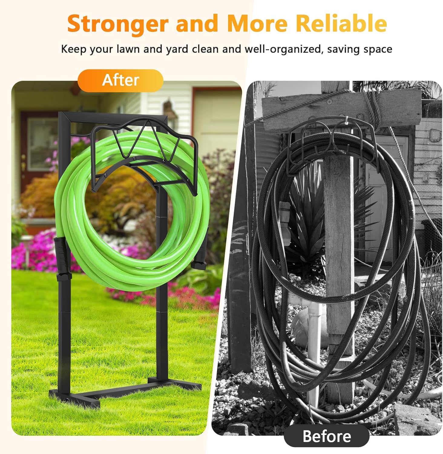 Freestanding Outdoor Garden Hose Holder, Heavy Duty Metal Storage Stand with 4 Spikes, Space Saving Organizer for Patio, Lawn, Backyard, Holds up to 150ft Hose, Black