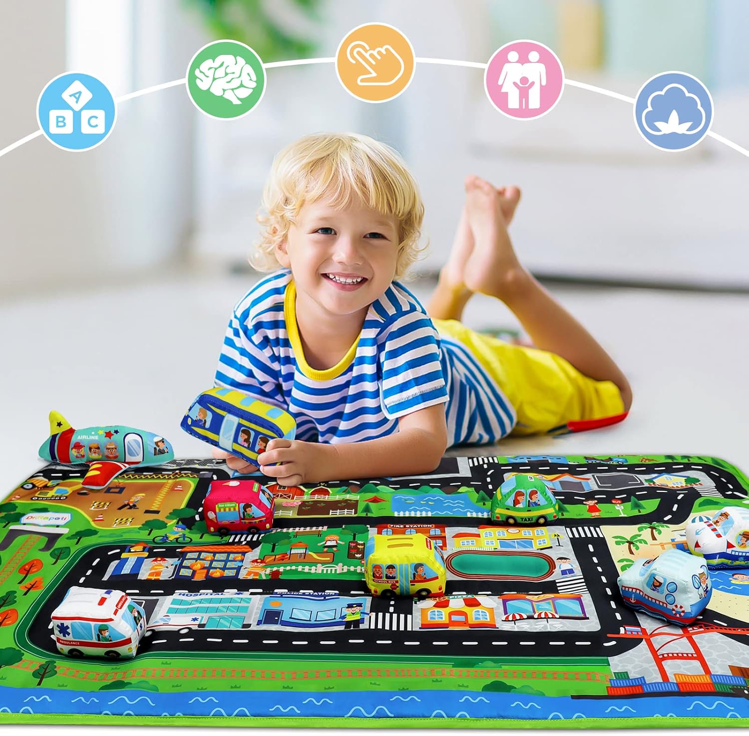 Dr.Rapeti Soft Toy Car Set for Babies Infants Toddlers Kids 1 Oversize Play Mat 10 Soft Toy Cars 47x30inches Washable Non-Toxic