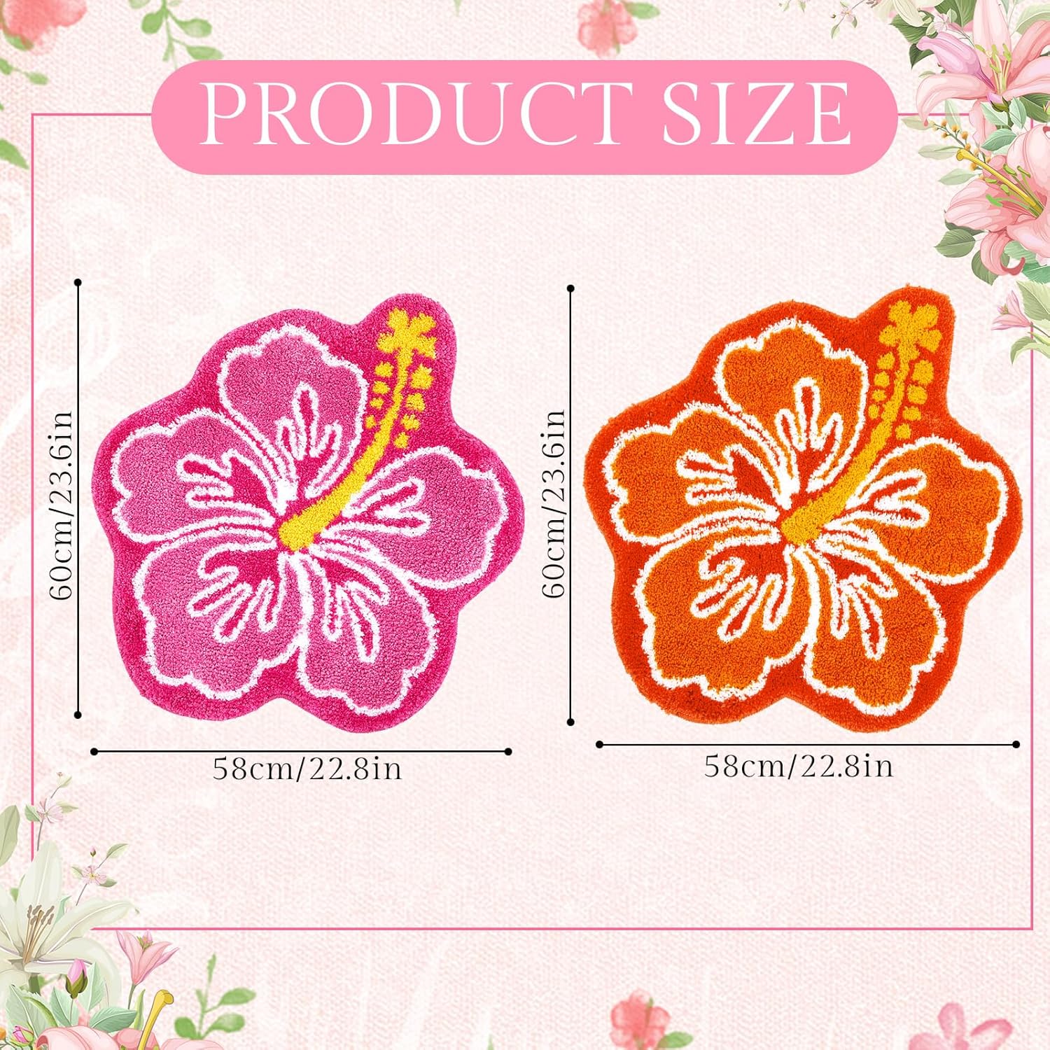 2 Pcs Cute Hibiscus Flower Bathroom Rugs, Soft Absorbent Microfiber Bath Mats, Non-Slip, Machine Washable, Orange & Pink, Perfect for Bathroom, Toilet, Shower, Kitchen, 22.8 x 23.6 Inch