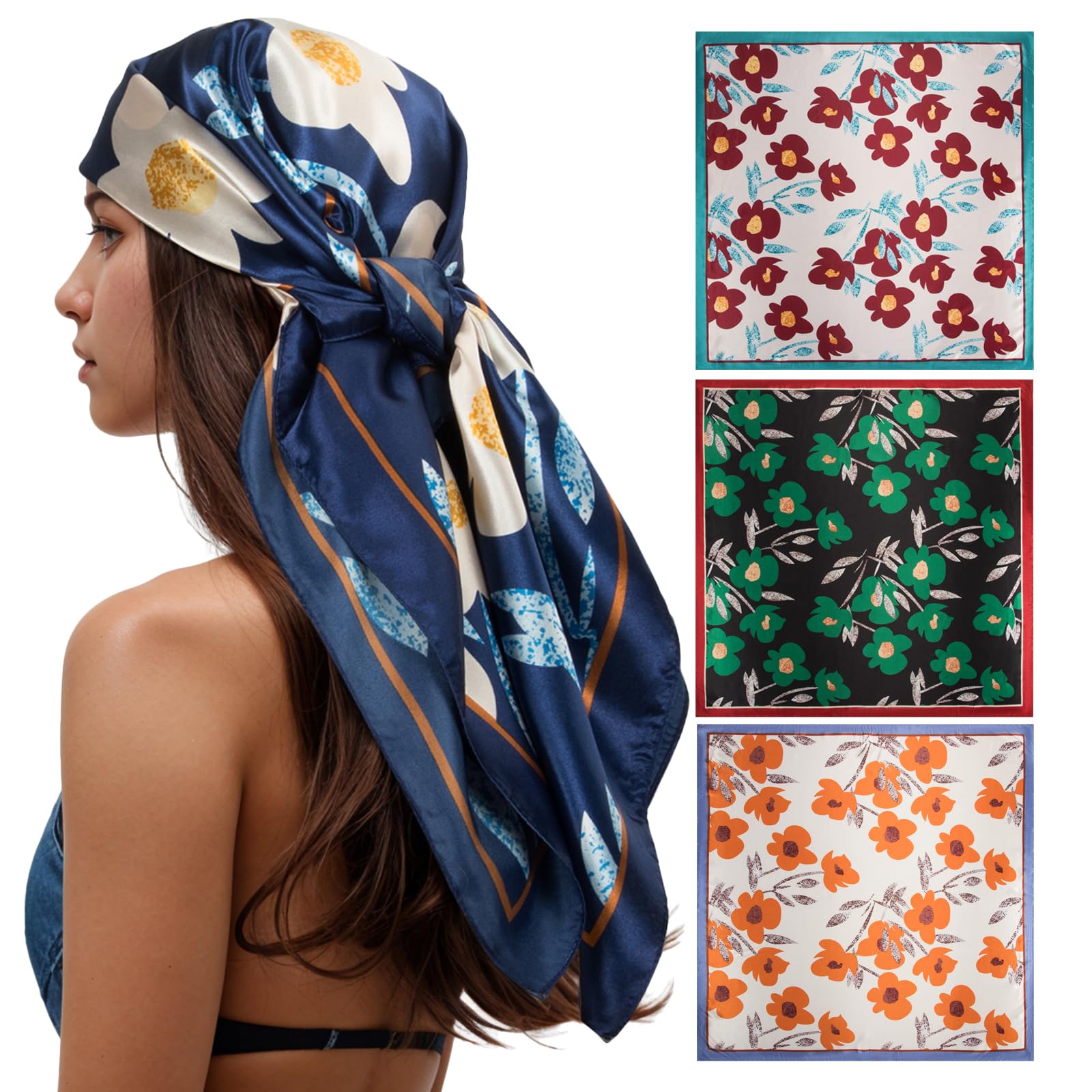 RIIQIICHYRIIQIICHY 35 Inch Head Scarf for Women Like Silk Scarf Hair Scarf - 4 PCS Square Scarf Bandanas for WomenGlobal Recycled StandardGlobal Recycled StandardGlobal Recycled Standard