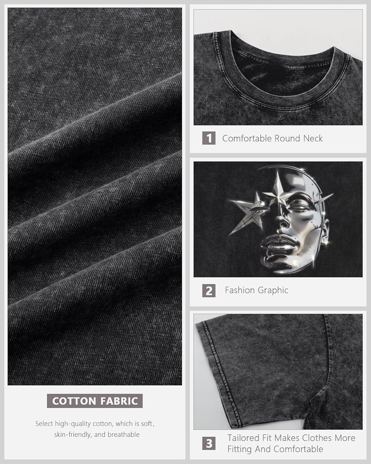 Bobeutou Men's Graphic Tees Acid Wash Tshirt Oversized T-Shirt Vintage Shirt Streetwear Casual Cotton Loose Fit Tee Tops - Image 6