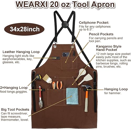 Miniatura 2 de WEARXI Delantales para hombre, delantal de carpintería con bolsillos para herramientas, delantal de trabajo de lona para carpinteros, mecánicos,