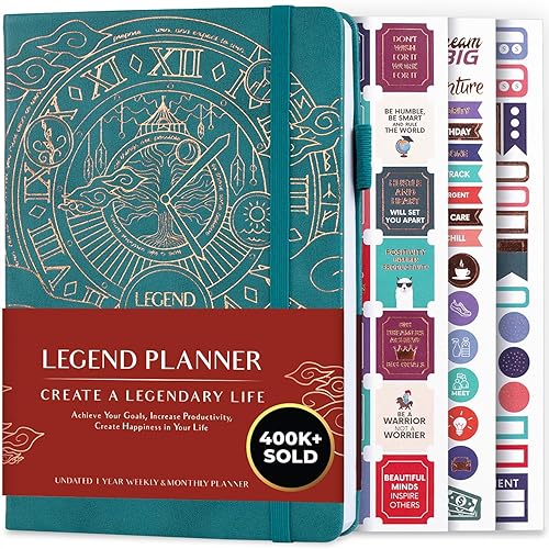 Legend Planner Deluxe Weekly & Monthly Life Planner to Hit Your Goals & Live Happier. Organizer Notebook & Productivity Journal. A5 Hardcover, Undated Start Any Time + Stickers Dark Teal Gold - Dark Teal Gold (Undated) - A5 (5.5'' x 8.3'')