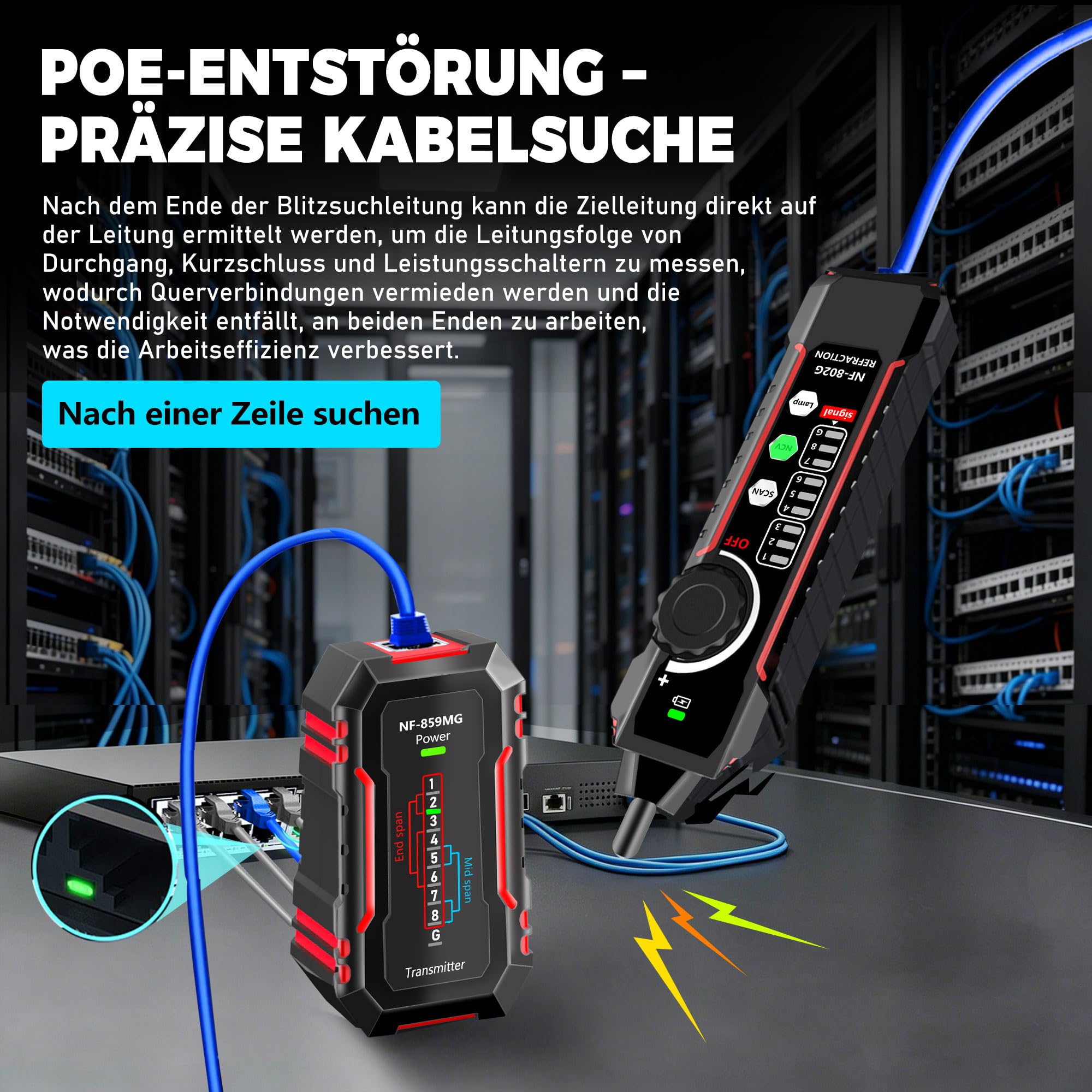 Netzwerkkabel-Tester, Ethernet-Kabel-Tester, Leitungsfinder, Tongenerator, Kabel-Tracer, NCV/LAN/POE/RJ45/RJ11/Cat5/Cat6/Cat3-Netzwerke, Kabelprüfung und Telefonleitungsprüfung NF-802MG