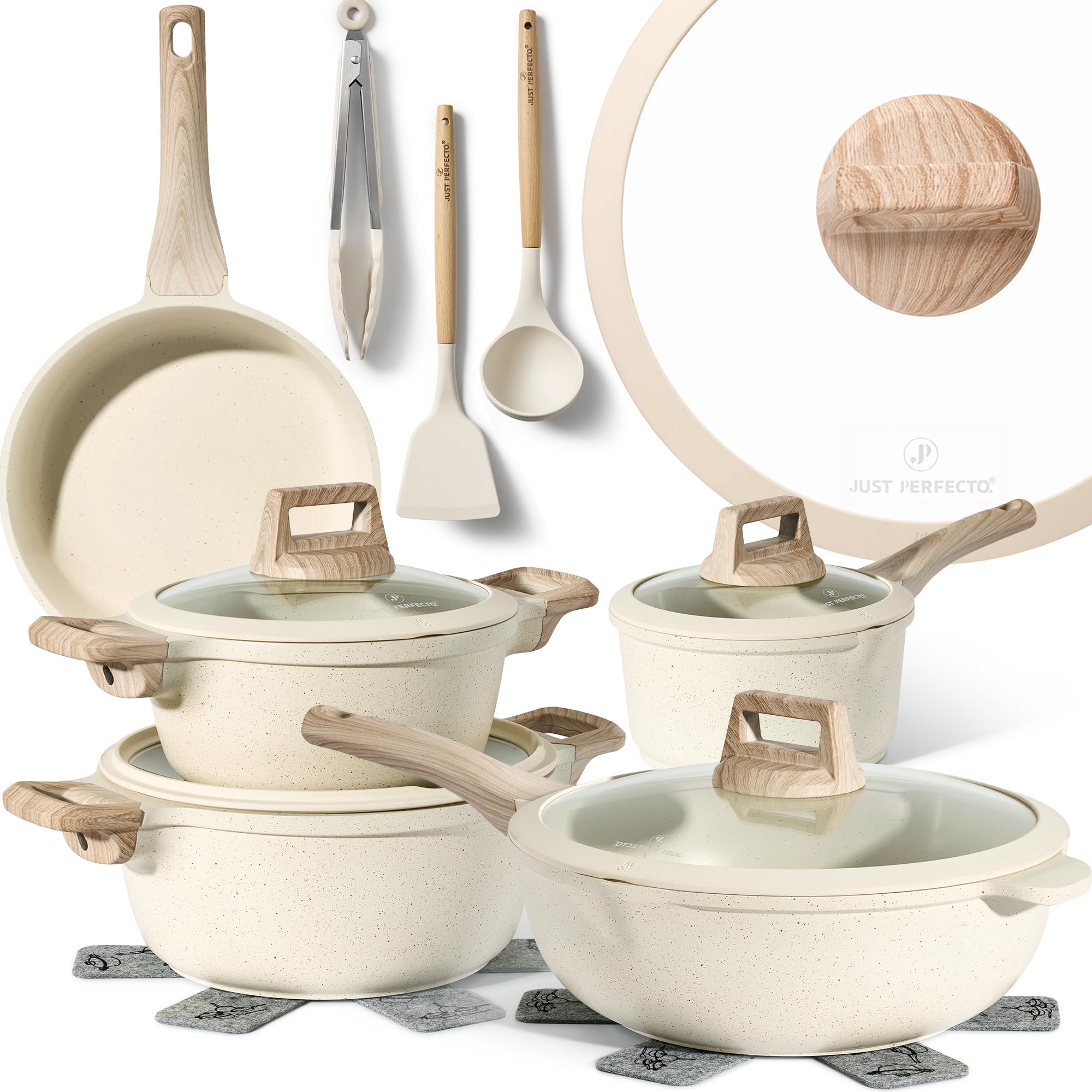 JUST PERFECTO Induktions Töpfe Set 14 pcs Pfannenset mit deckel - Induktions Töpfe Set - töpfe & pfannen set ohne PTFE und PFOA - Kratzschutz-Silikon Kochgeschirr Topfset induktion 14 pcs beige