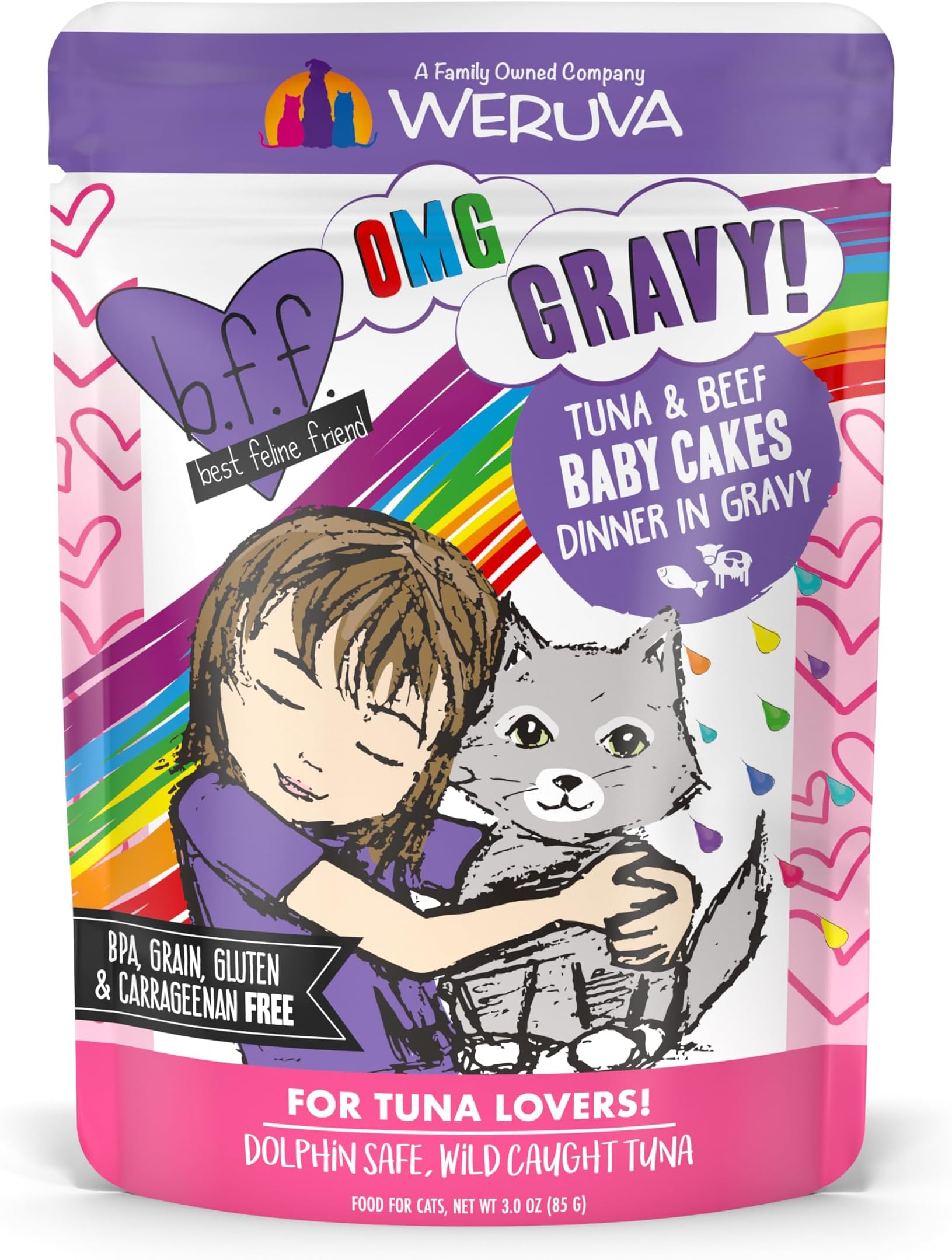 B.F.OMG - Best Feline Friend Oh My Gravy!, Tuna & Beef Baby Cakes with Tuna & Beef in Gravy Cat Food, 3oz Pouch (Pack of 12), Purple (0152)