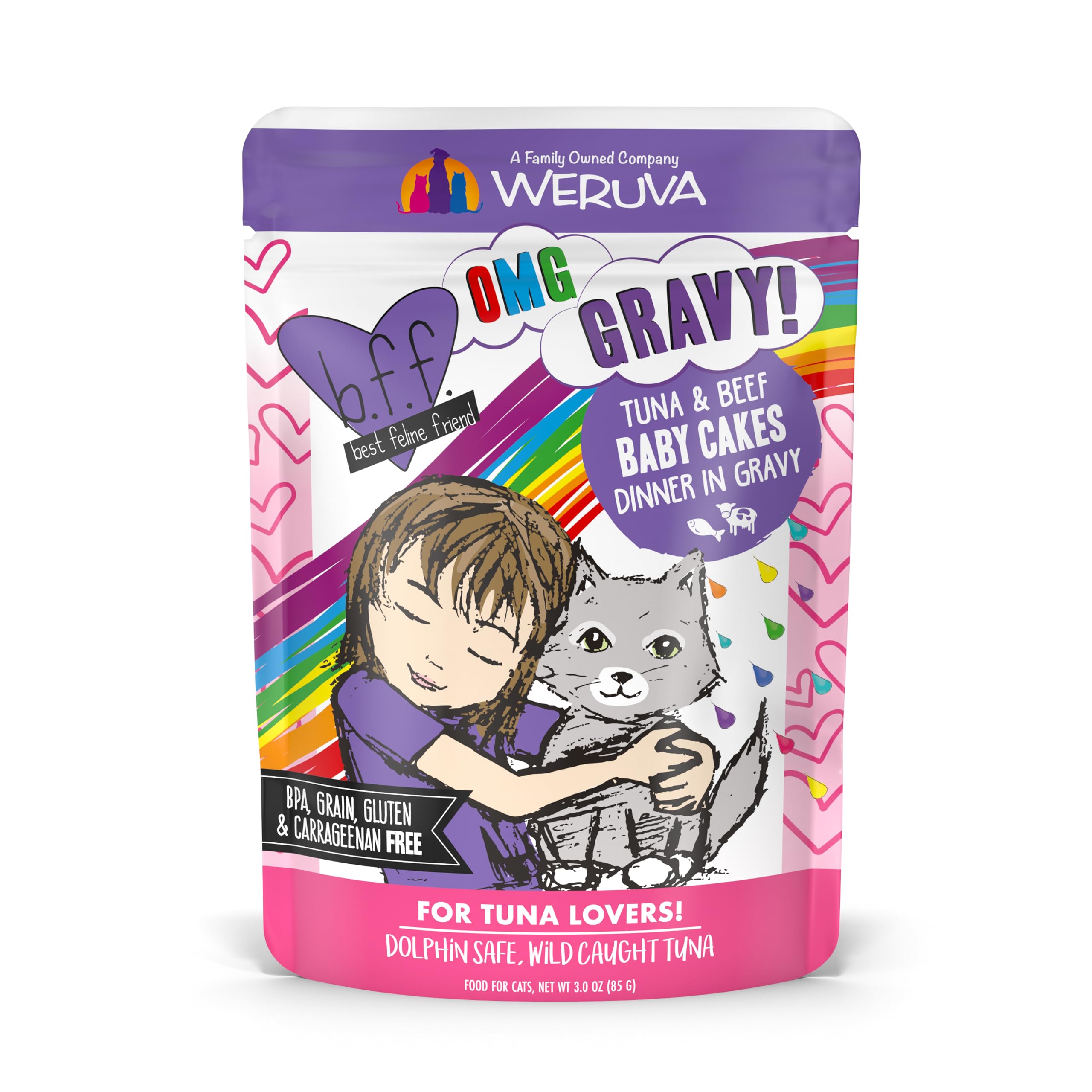 Weruva B.F.OMG - Best Feline Friend Oh My Gravy!, Tuna & Beef Baby Cakes with Tuna & Beef in Gravy Cat Food, 3oz Pouch (Pack of 12), Purple (0152)