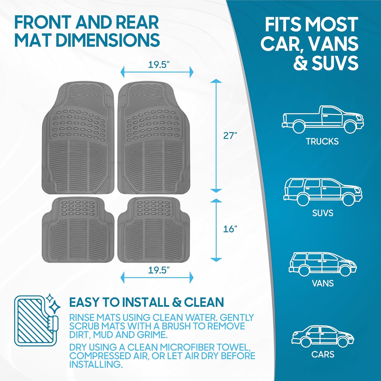 BDK All Weather Rubber Floor Mats for Car SUV & Truck - 4 Pieces Set (Front & Rear), Trimmable, Heavy Duty Protection (Grey), 1 Count (Pack of 1) - Image 7