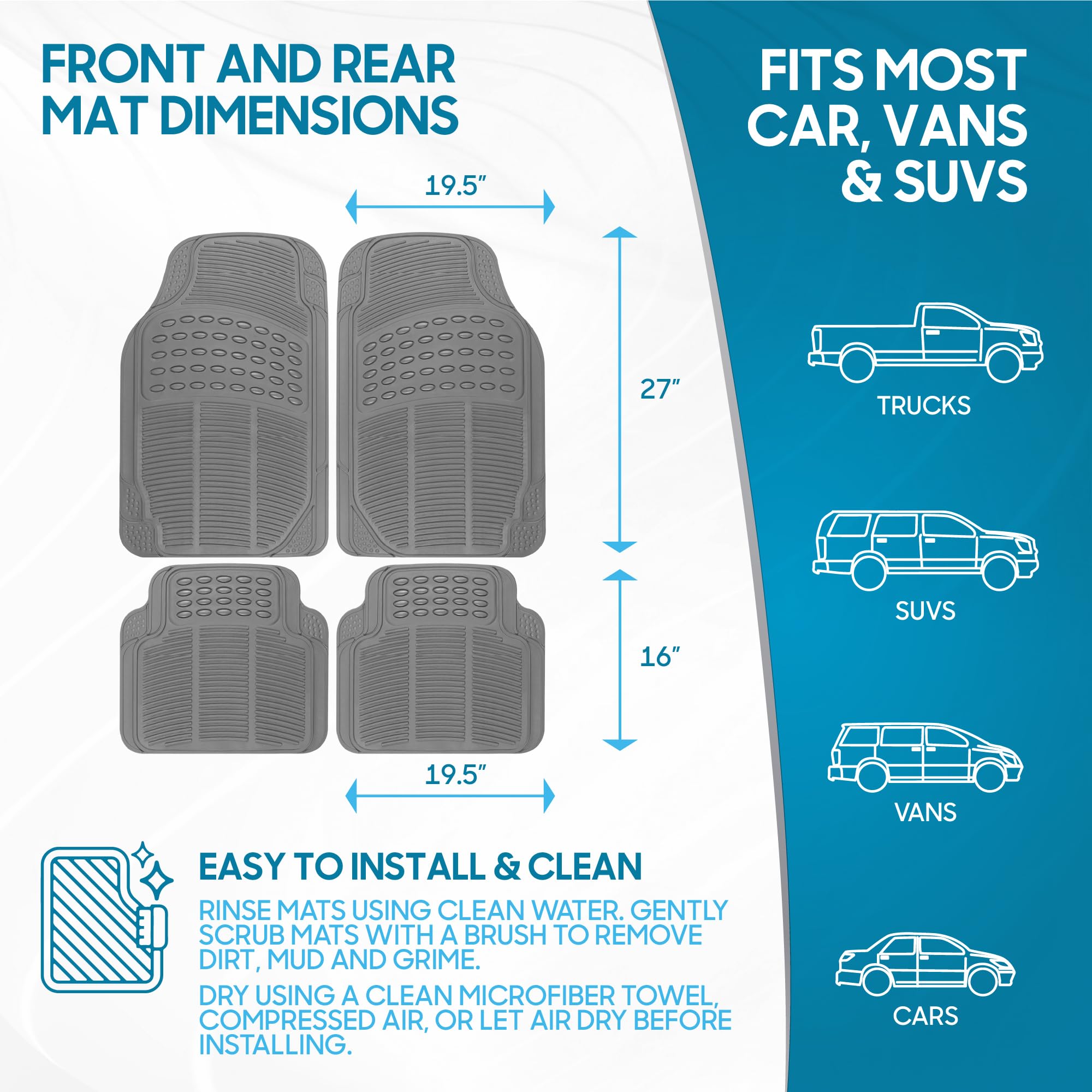 BDK 3-Piece Gray Rubber Floor Mats Front Rear Heavy Duty Universal Fit Liners for Cars SUVs Trucks Vans — view 7