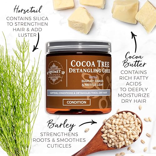 Miniatura 4 de Qhemet Biologics L.O.C. Method Collection para cabello de alta porosidad, incluye ghee desenredante de árbol de cacao, suero suavizante de ricino y