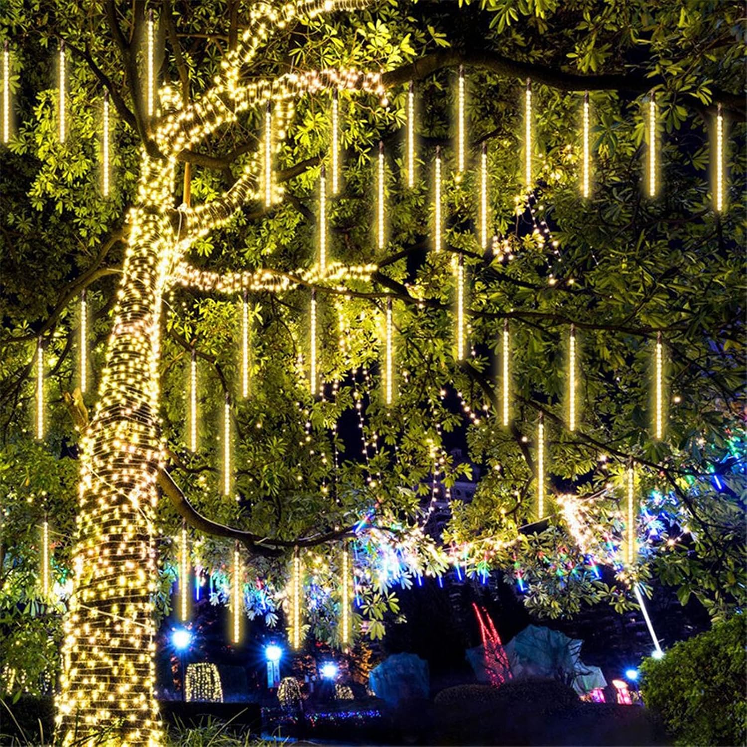 2-Pack Extendable Meteor Shower Christmas Lights Outdoor, 16 Tubes 384 LEDs Waterproof Falling Rain String Lights, Christmas String Lights Outdoor for Tree Patio Garden Holiday Decorations(Warm White)