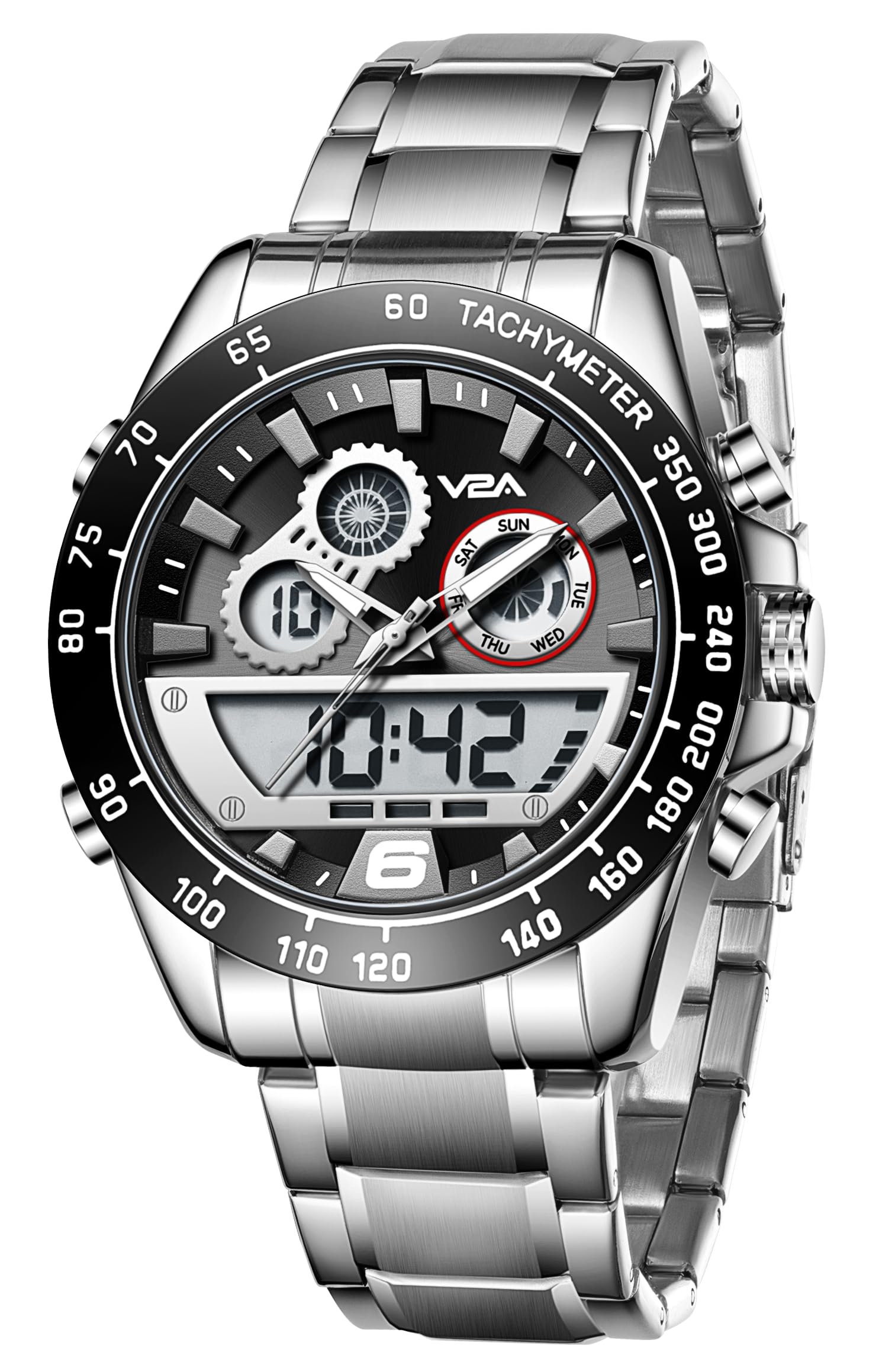 V2A Fusion Series Analog-Digital Men’s Watch with Stainless Steel Band & Alloy Steel Case – Multifunctional with Alarm, Stopwatch, EL Backlight Watch for Men | Gift for Men (Silver-Black) (B0DF5LWM74) Amazon Price History, Amazon Price Tracker