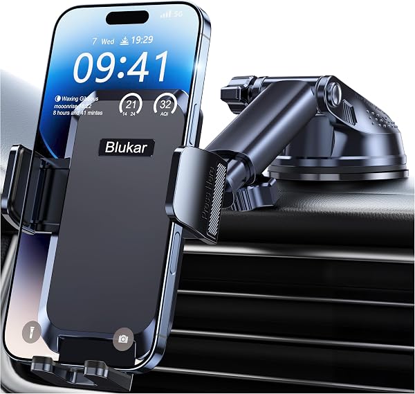Blukar Car Phone Holder, Adjustable Car Phone Mount 360° Rotation for Dashboard/Windscreen, Upgraded Strong Suction - One Button Release Automobile Cradle for iPhone 4.0''-7.0'' Smartphones - 1
