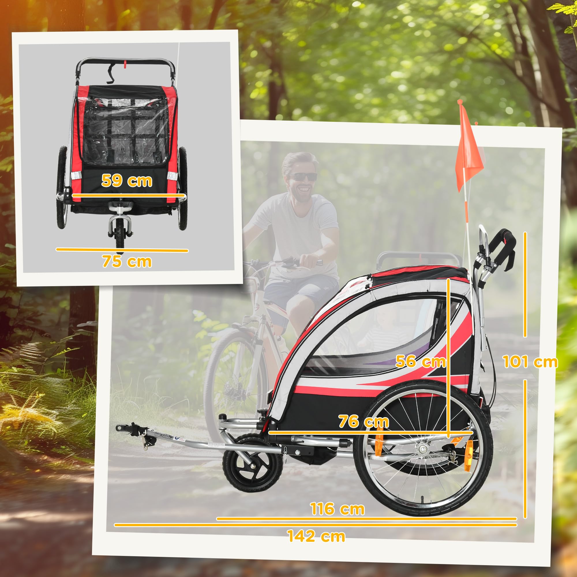 HOMCOM Remolque de Bicicleta para Niños +18 Meses 2 en 1 Cochecito de Paseo de 2 Plazas con Freno de Mano Cinturón de Seguridad Bandera y Reflectores 142x75x101 cm Rojo