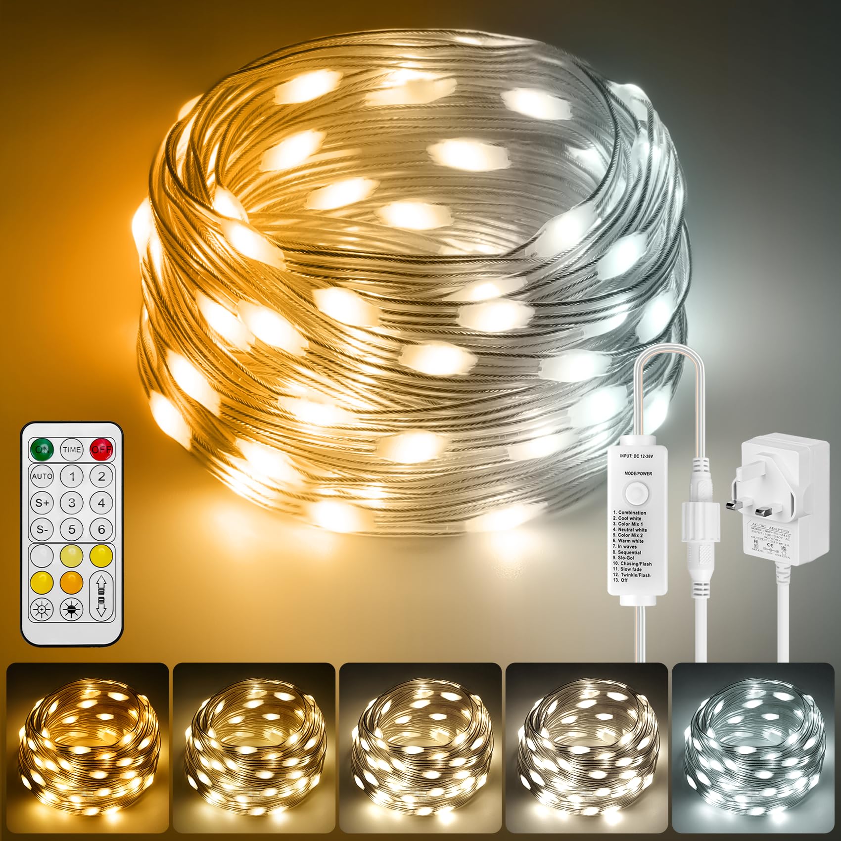 HOUHUI LED Fairy Lights, 15meter Warm to Cool White Indoor Outdoor String Lights with Remote